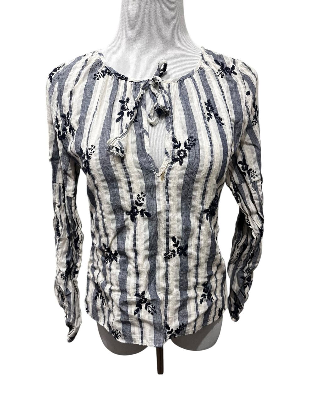 Misa Womens Embroidered Floral Blue Stripe Cotton Pleasant Blouse SIZE Medium